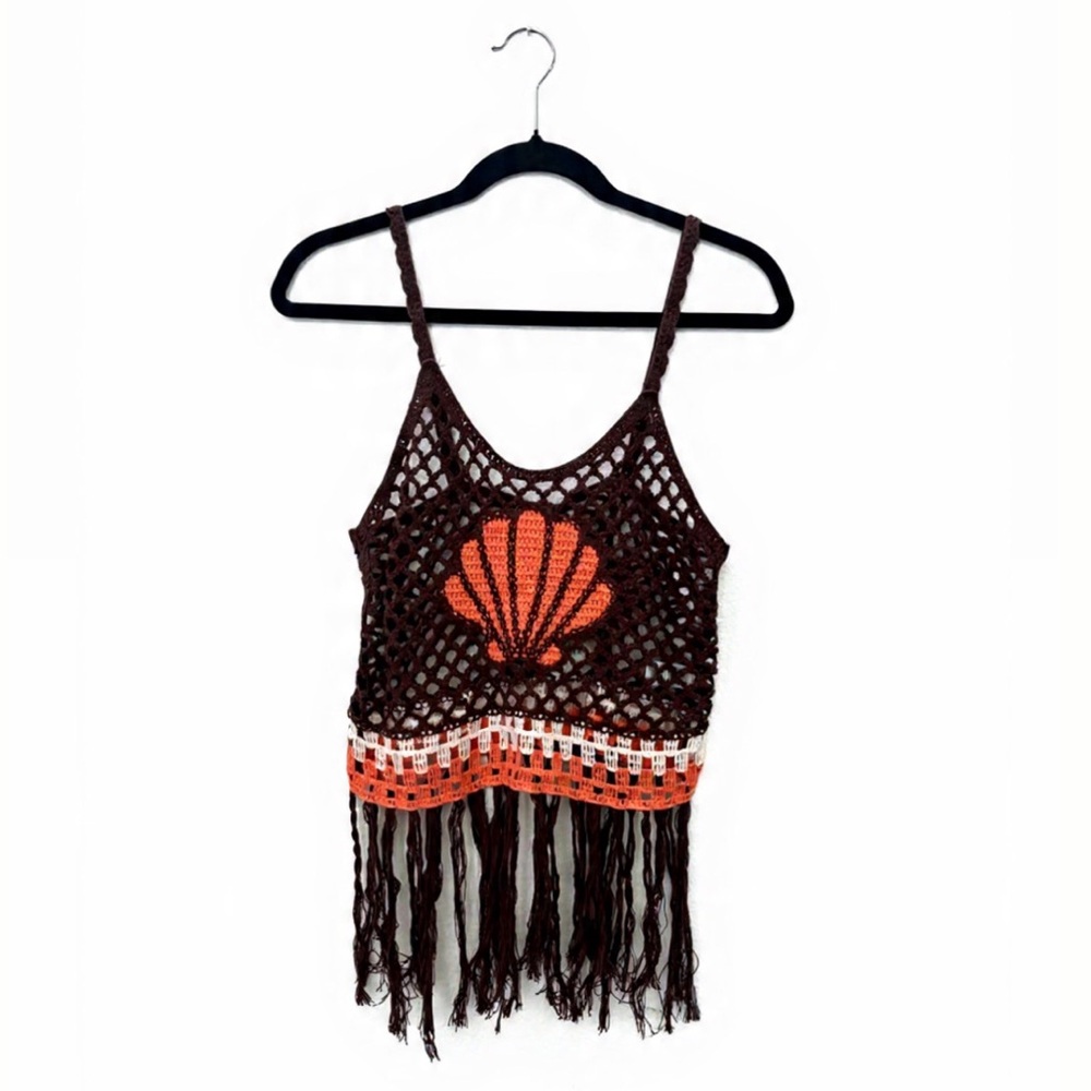 FCT SUN ONE-SIZE SEASHELL FRINGE CROCHET TOP BOHO SUMMER NWT